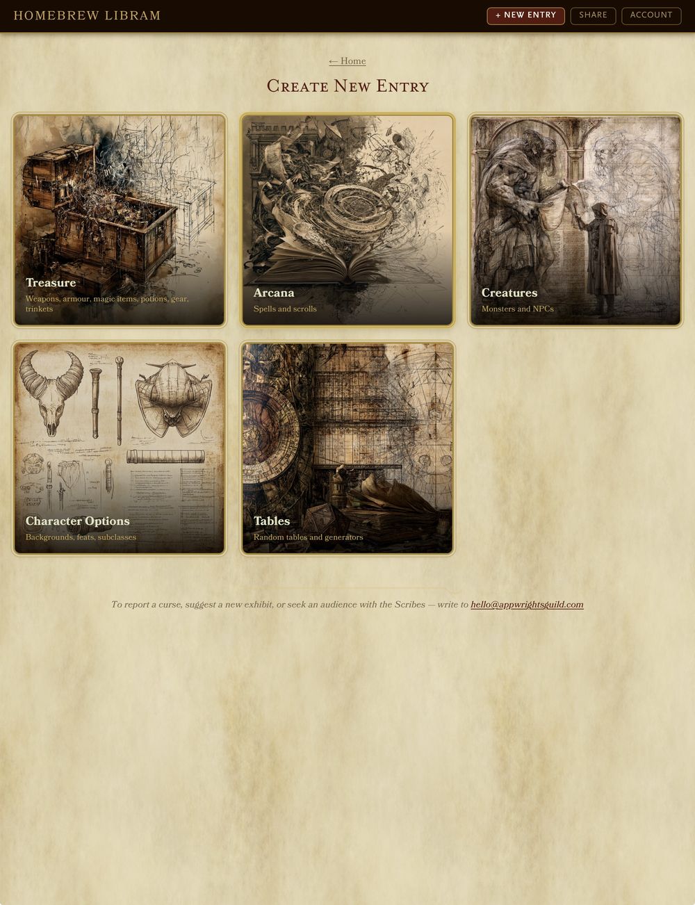 Homebrew Libram create-new-entry screen on iPad with sketched category artwork