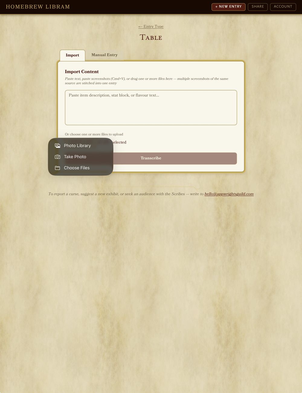 Homebrew Libram import screen on iPad, taking a pasted photo or screenshot