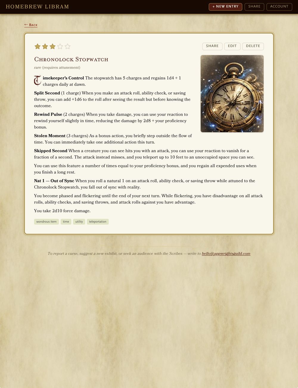 Homebrew Libram entry for the Chronolock Stopwatch magic item, with artwork and formatted rules text