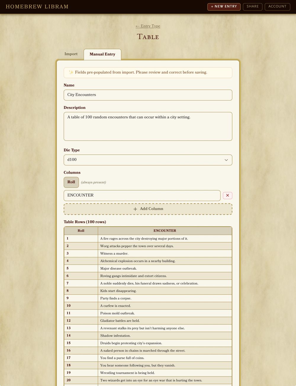 Homebrew Libram manual entry form on iPad building a d100 City Encounters table