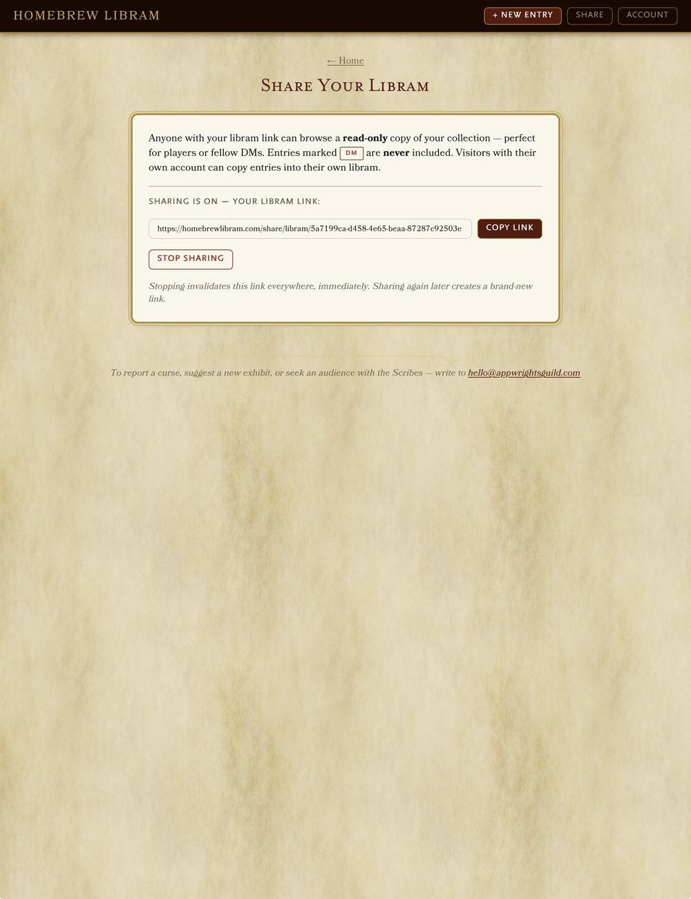 Homebrew Libram share screen on iPad with a read-only link to your collection