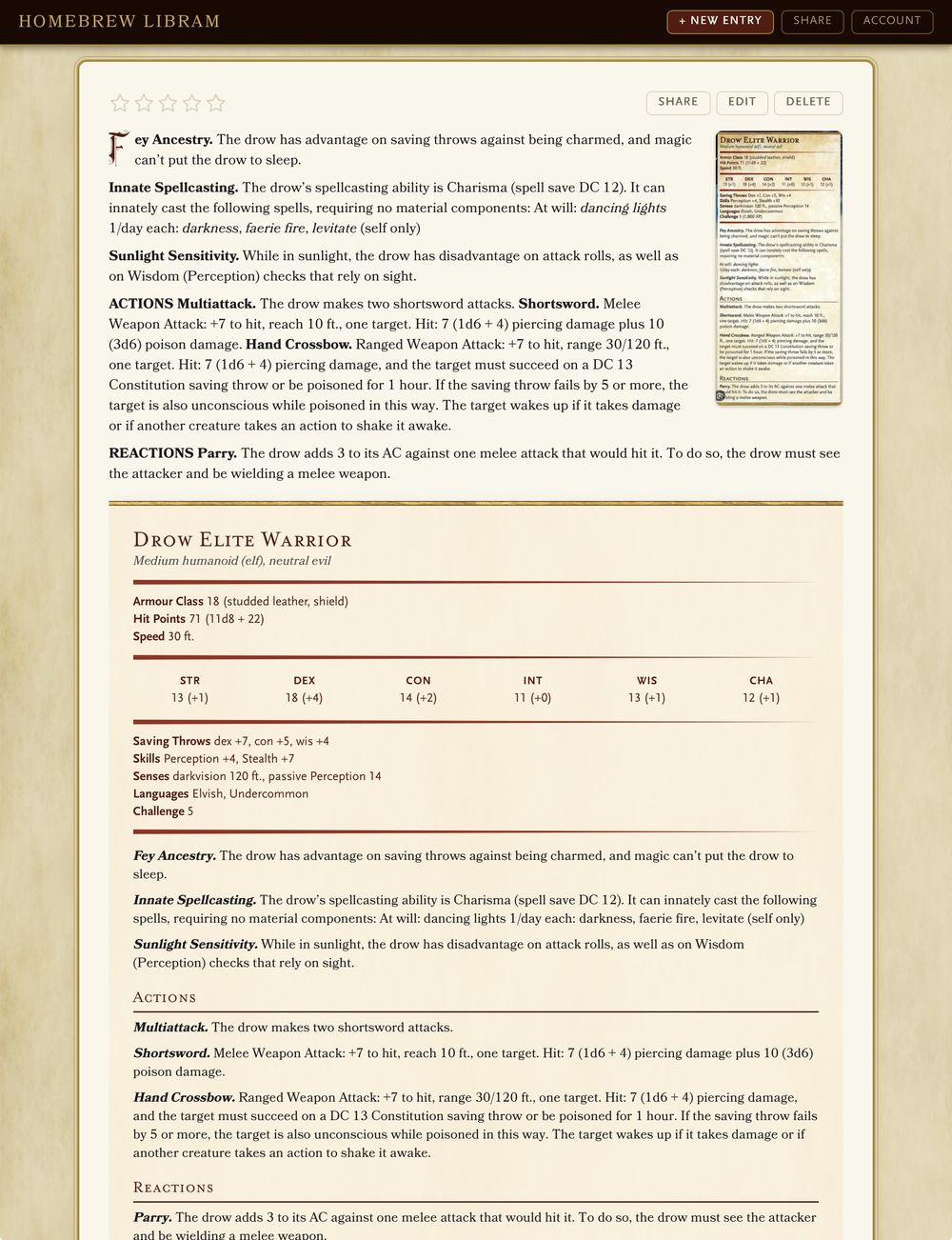 Homebrew Libram creature entry showing a fully formatted Drow Elite Warrior stat block