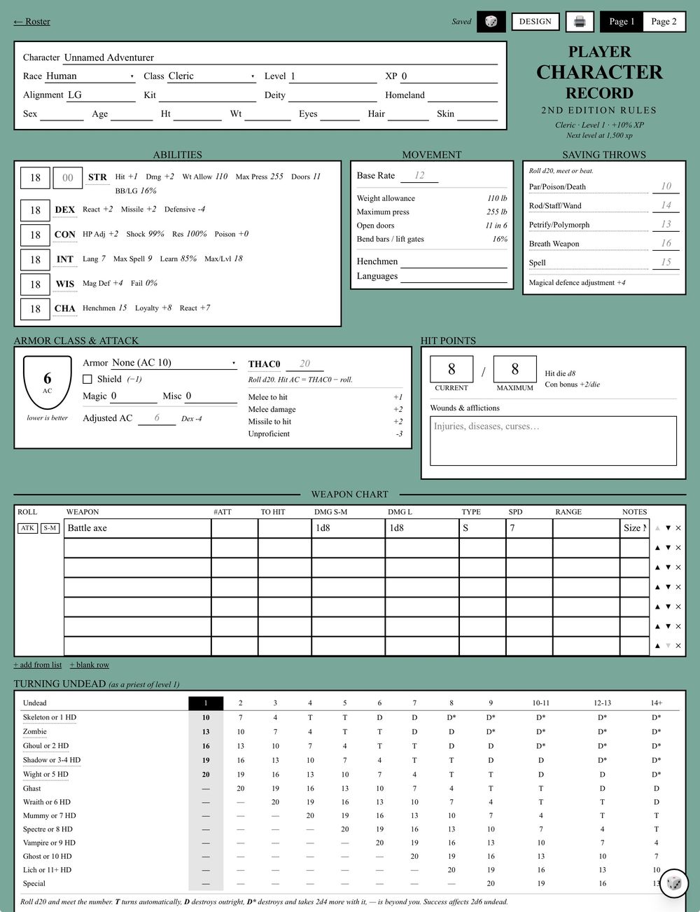 An old-school AD&D 2nd edition Player Character Record rendered in PC on Parchment