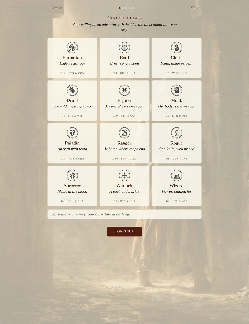 The PC on Parchment character builder showing all twelve classes as cards, each with its hit die and key abilities
