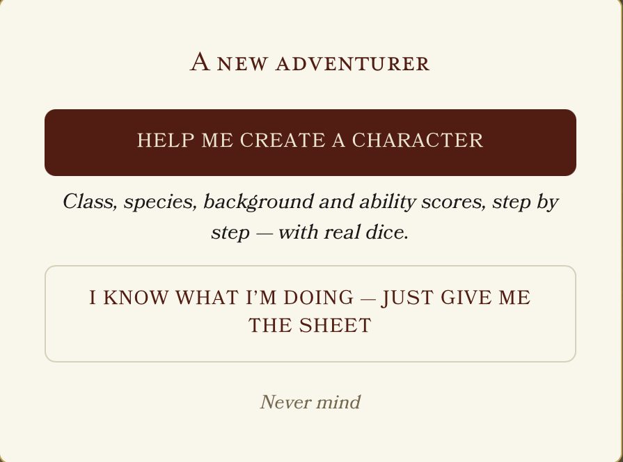 The builder's opening choice — help me create a character, or I know what I'm doing, just give me the sheet