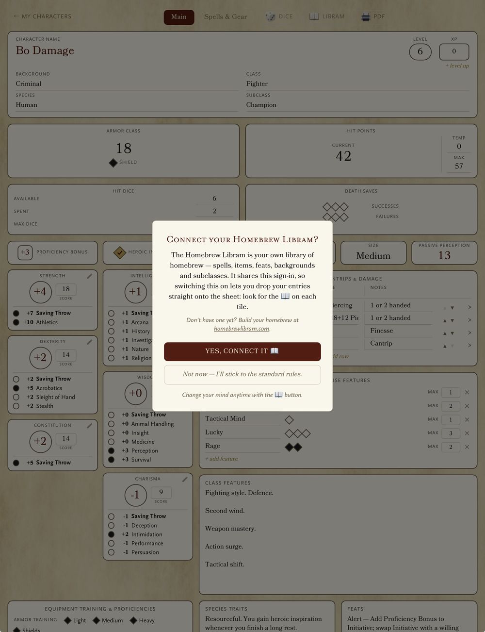 PC on Parchment offering to connect to your Homebrew Libram account