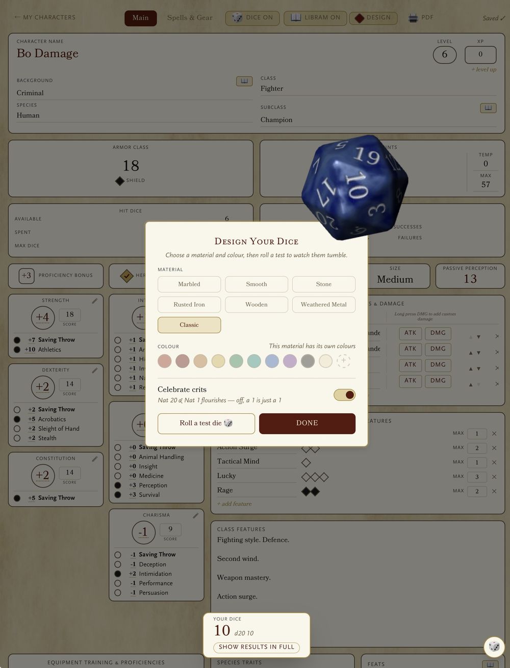 The PC on Parchment dice designer, choosing a material and colour for your set