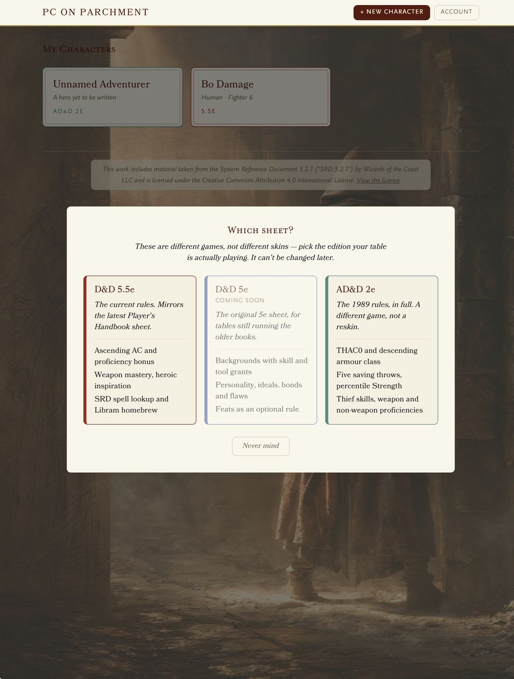 PC on Parchment edition picker offering the 2024 sheet, classic 5e, and AD&D 2nd edition