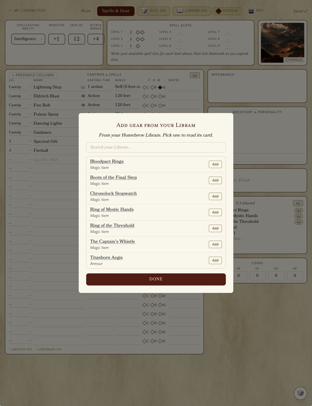 Adding homebrew gear from the Homebrew Libram directly onto a PC on Parchment sheet