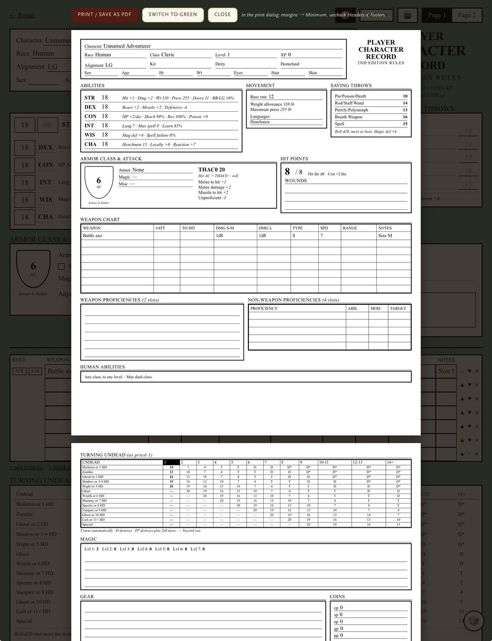 PC on Parchment print preview of the AD&D 2nd edition Player Character Record