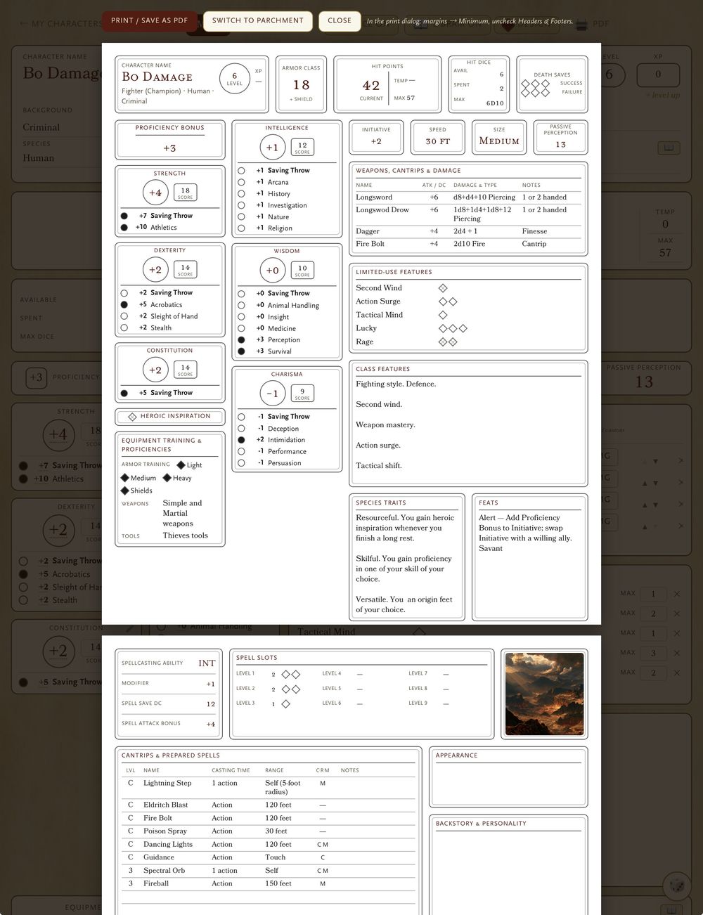 PC on Parchment print preview rendering a clean A4 character sheet ready to save as PDF
