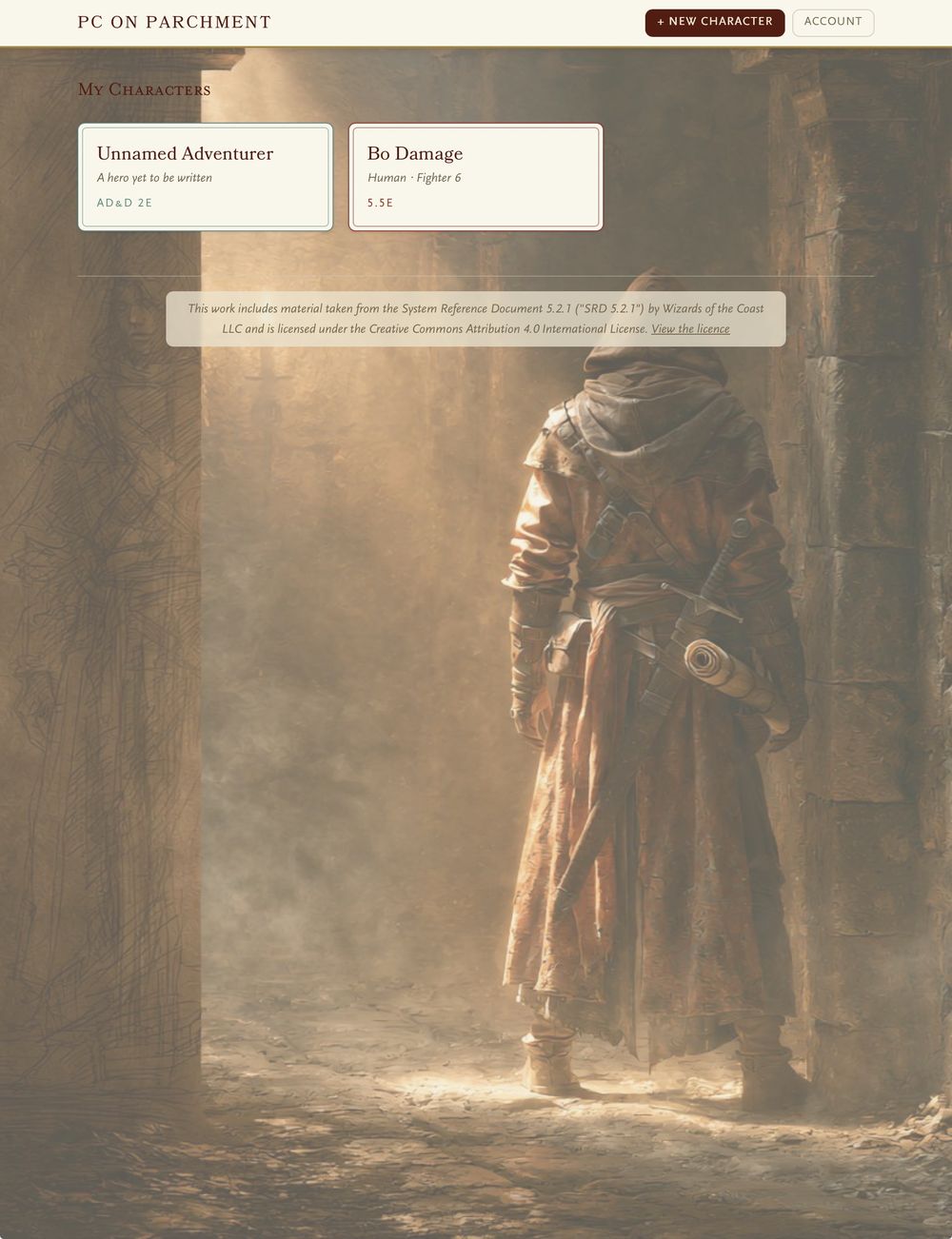 The PC on Parchment character roster with painterly artwork behind your saved heroes