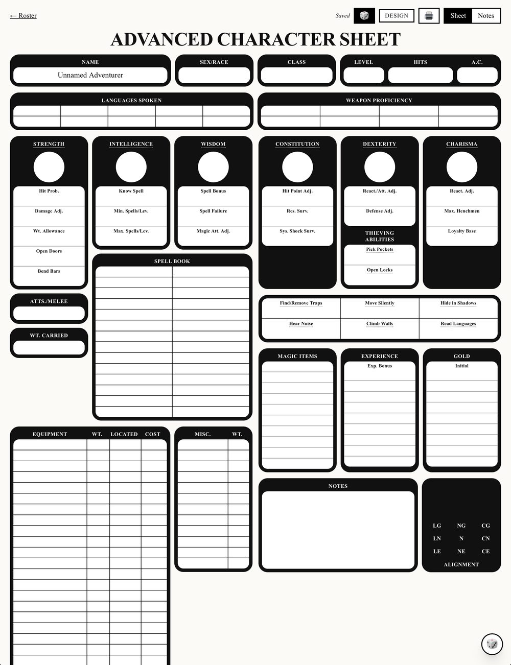 The AD&D 1st edition Advanced Character Sheet in PC on Parchment, black panels on white with Hit Prob., Bend Bars, System Shock Survival and the nine-box alignment grid