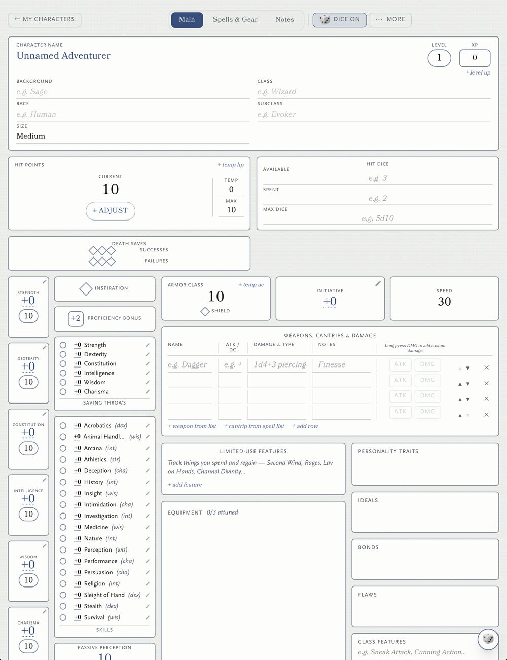 The original D&D 5e sheet in PC on Parchment, with background, race, skills and death saves