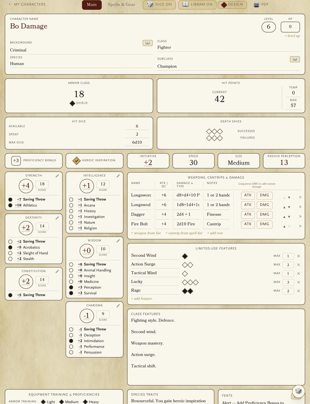 PC on Parchment character sheet on iPad mirroring the official 2024 layout