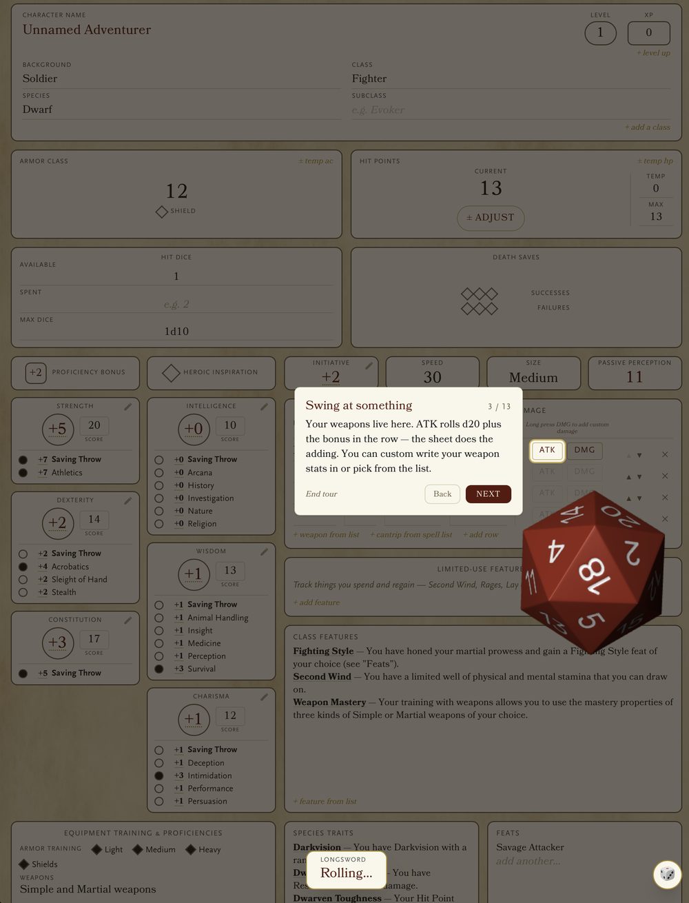The guided walkthrough explaining the weapons table while a red d20 tumbles across the sheet