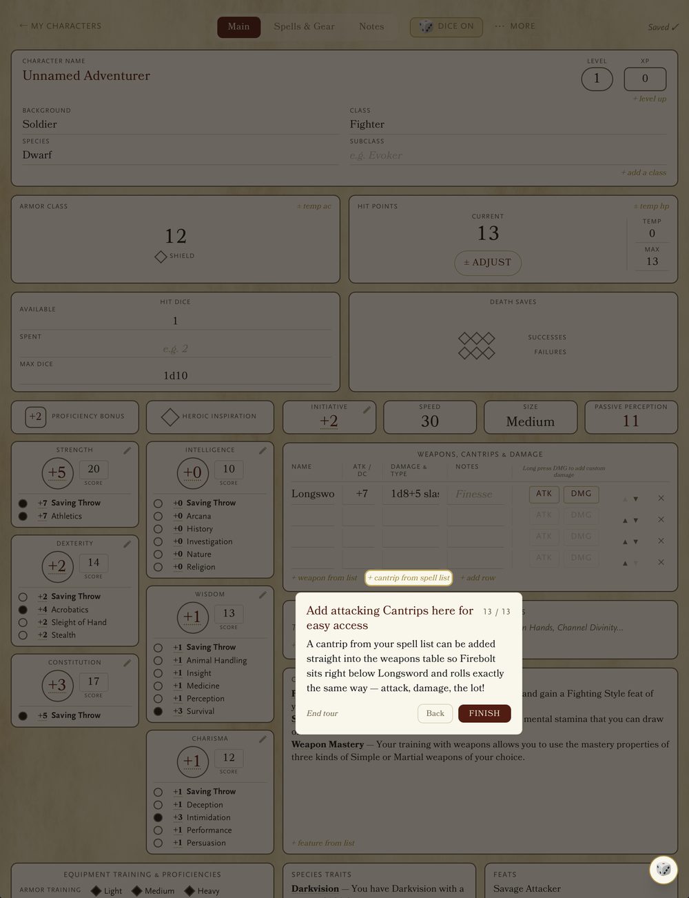 The walkthrough showing a cantrip added into the weapons table so it rolls exactly like a weapon