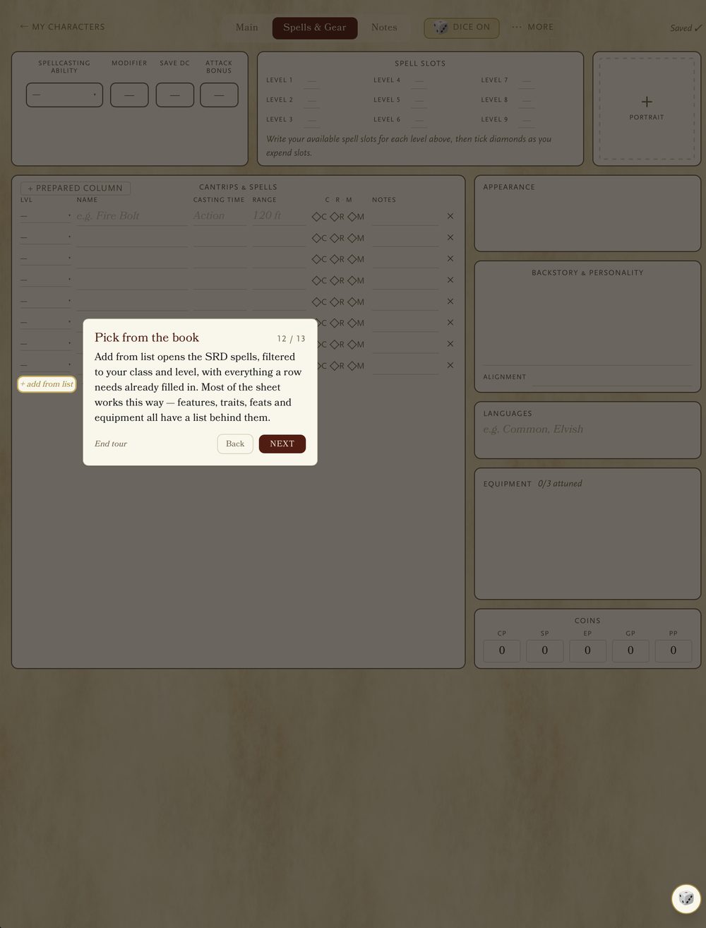 The walkthrough pointing out that spells, features, traits, feats and equipment all have a list behind them