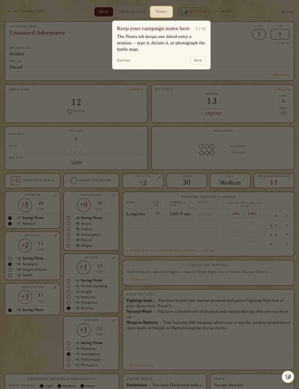 The walkthrough on the Notes tab, explaining one dated entry a session that you can type, dictate or photograph