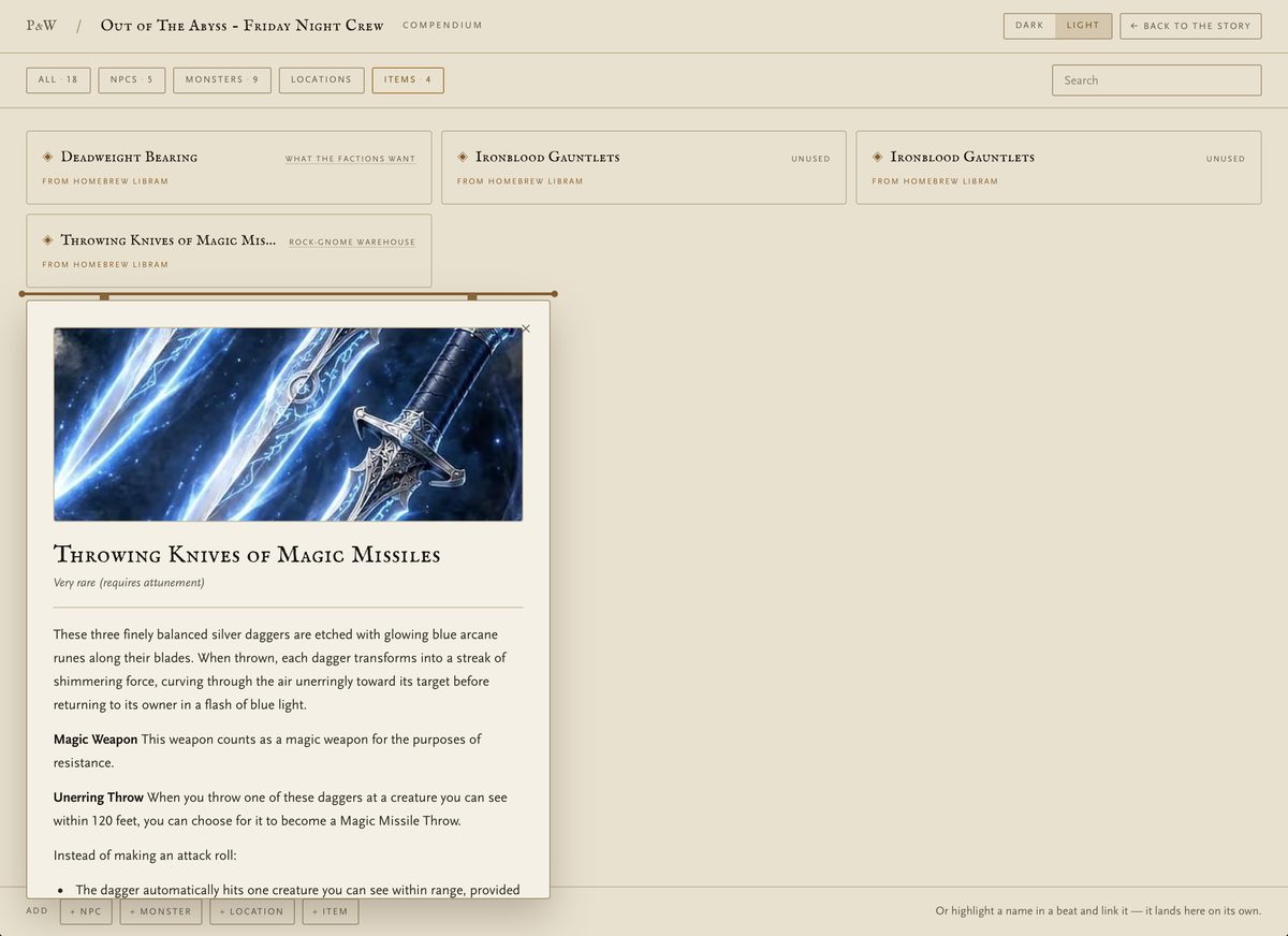 The Plot and Weave compendium filtered to items, several marked as coming from Homebrew Libram, with a magic item card open
