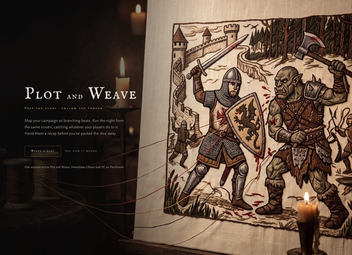 The Plot and Weave landing page, an embroidered tapestry of a knight fighting an orc lit by candlelight