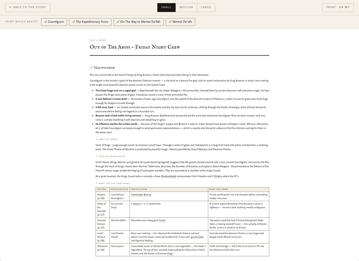 The print view, choosing which beats to include at small, medium or large text before printing