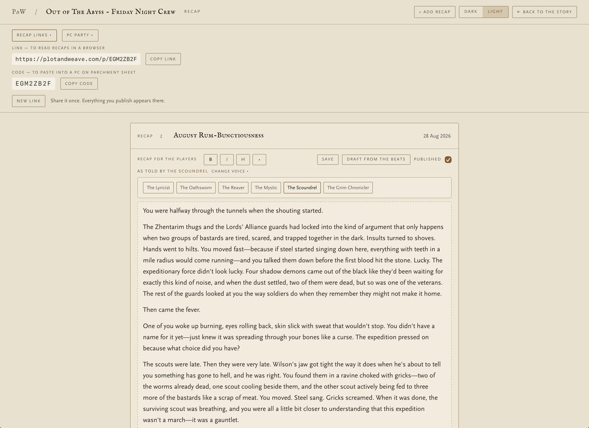 The recap editor with the player link, a published recap, and the scribe voice picker offering six different narrators