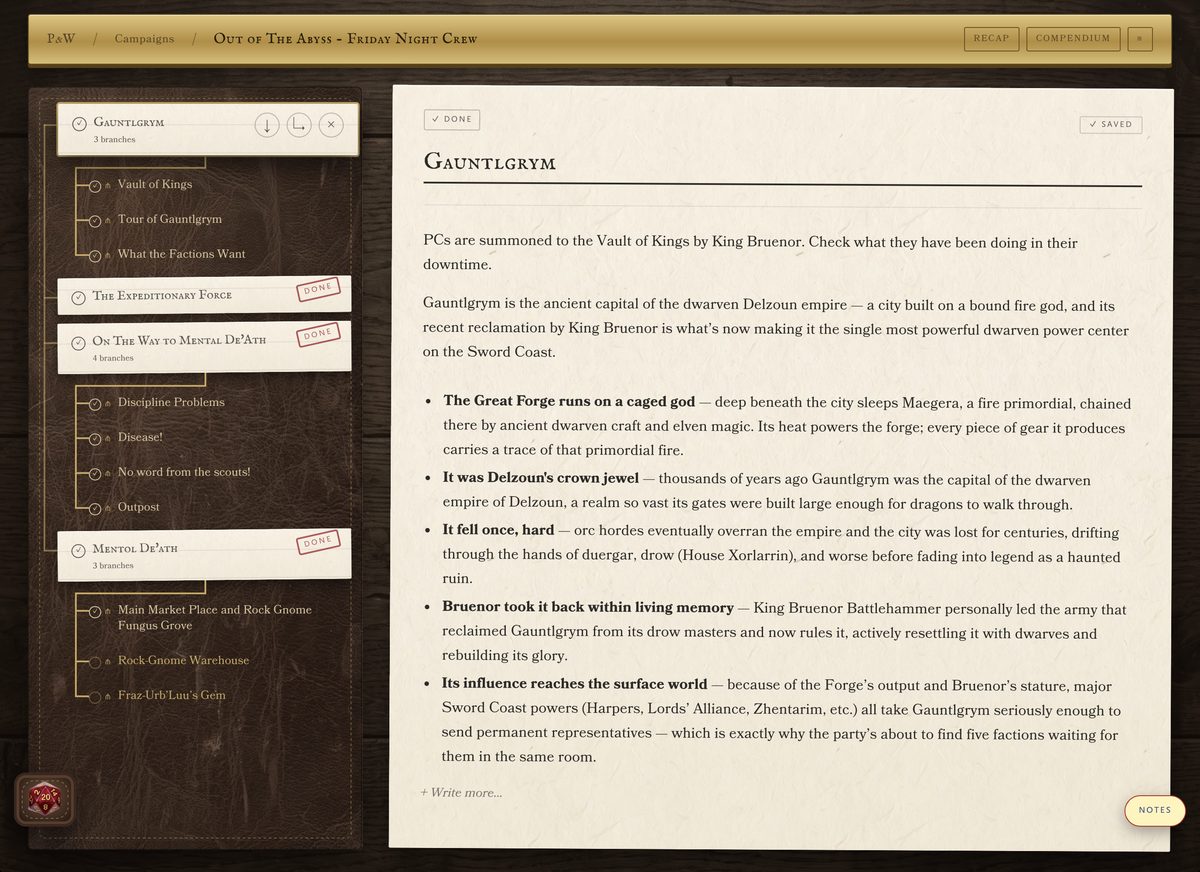 The Table skin — the same beat as cream index cards on a leather DM screen, each finished one rubber-stamped DONE