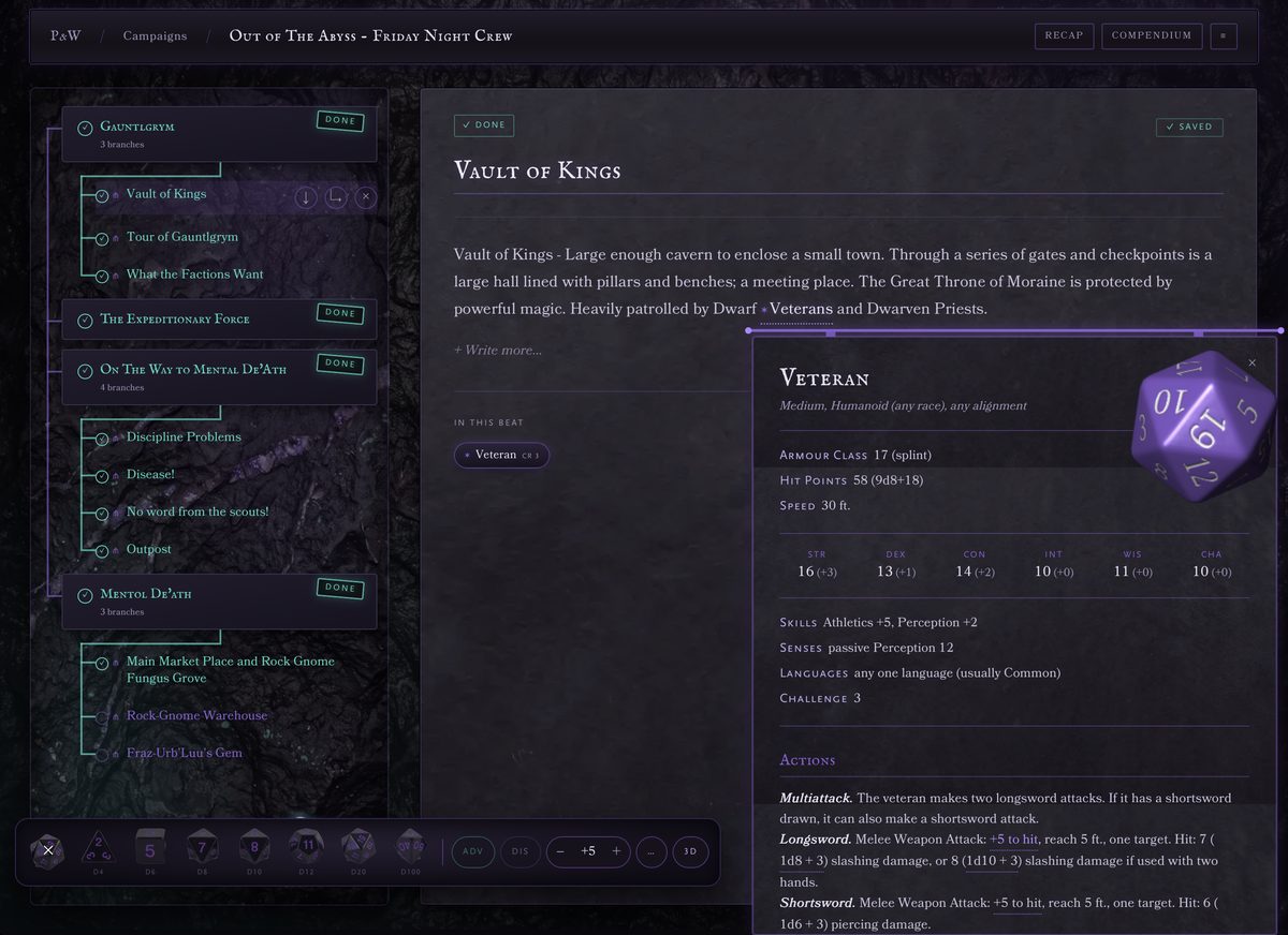 A linked Veteran in the beat prose opening a full stat block, with its attack and damage rolls clickable