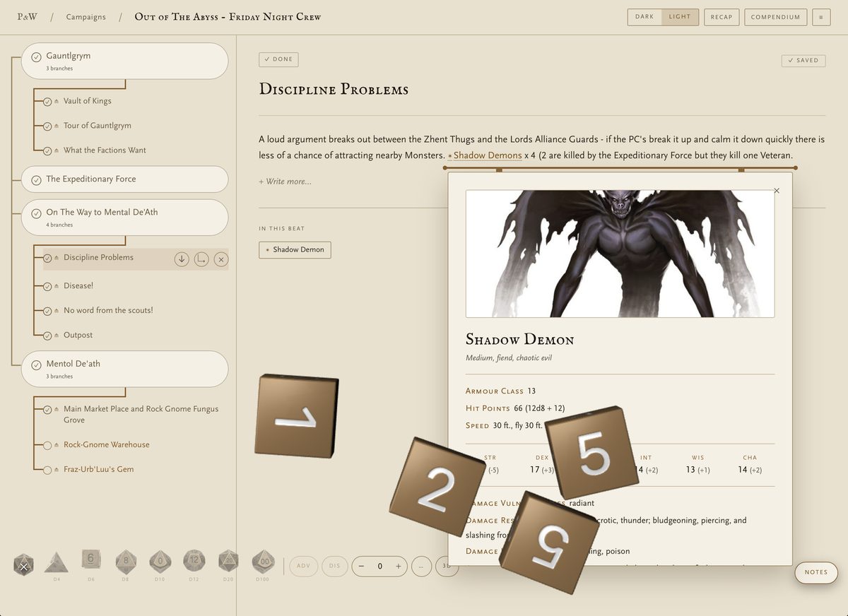 Plot and Weave showing a campaign as a branching beat tree, a linked monster name opening its stat block, and the dice tray open along the bottom