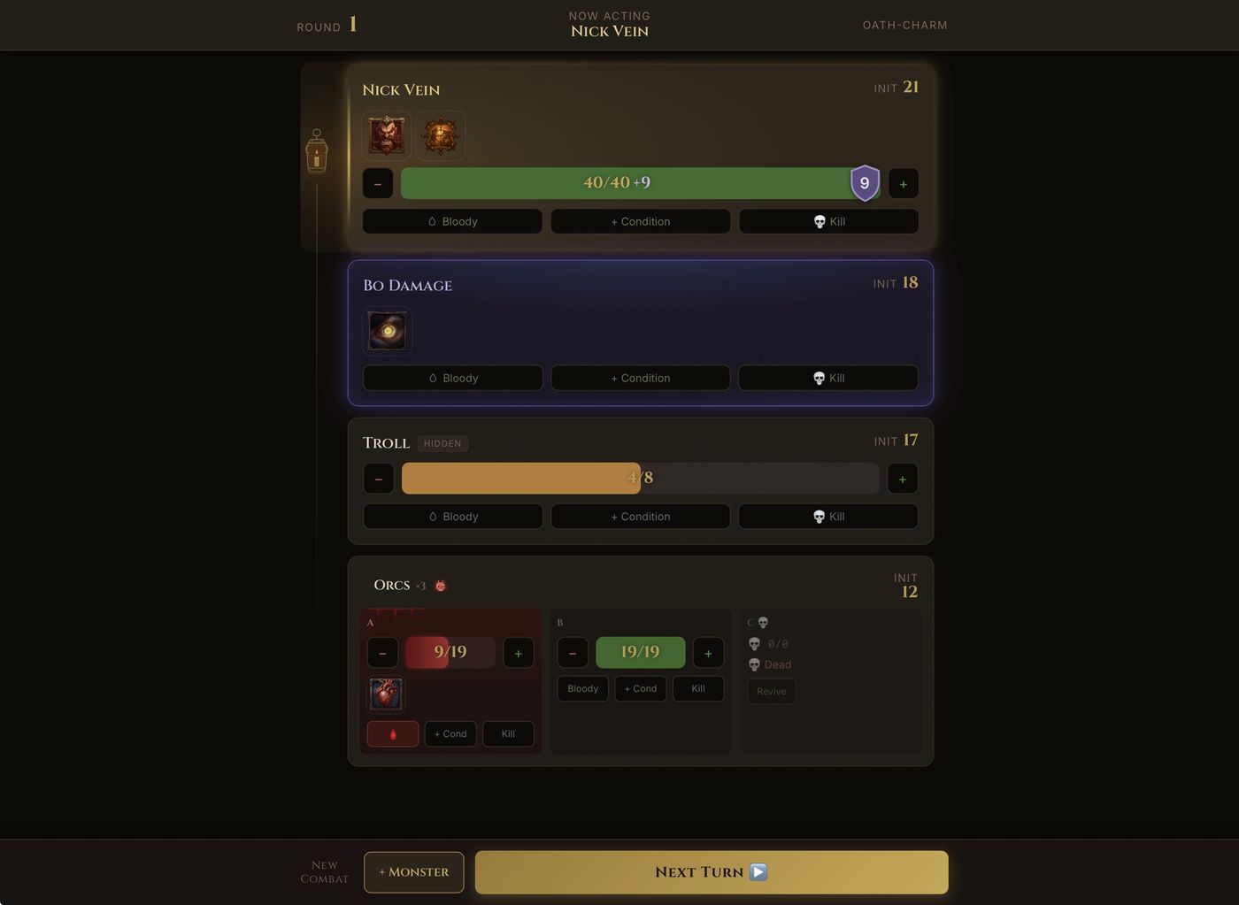 Torch & Turn live combat tracker on iPad showing the initiative order, HP bars, and conditions