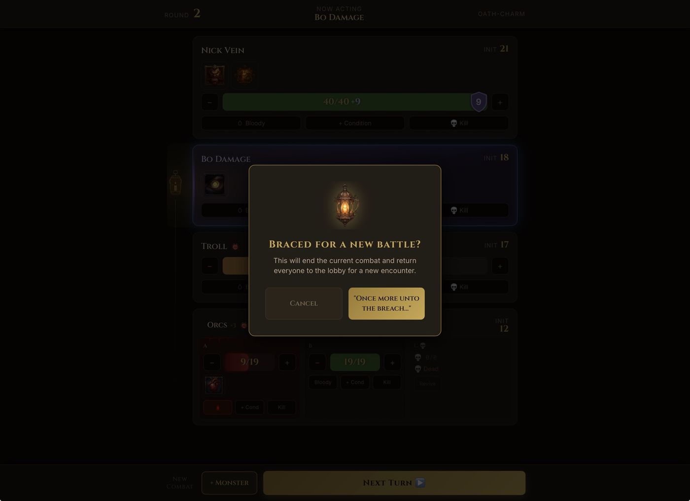 Torch & Turn dialog on iPad confirming the start of a new battle