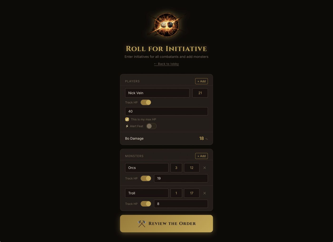 Torch & Turn roll-for-initiative screen on iPad with players and monsters listed