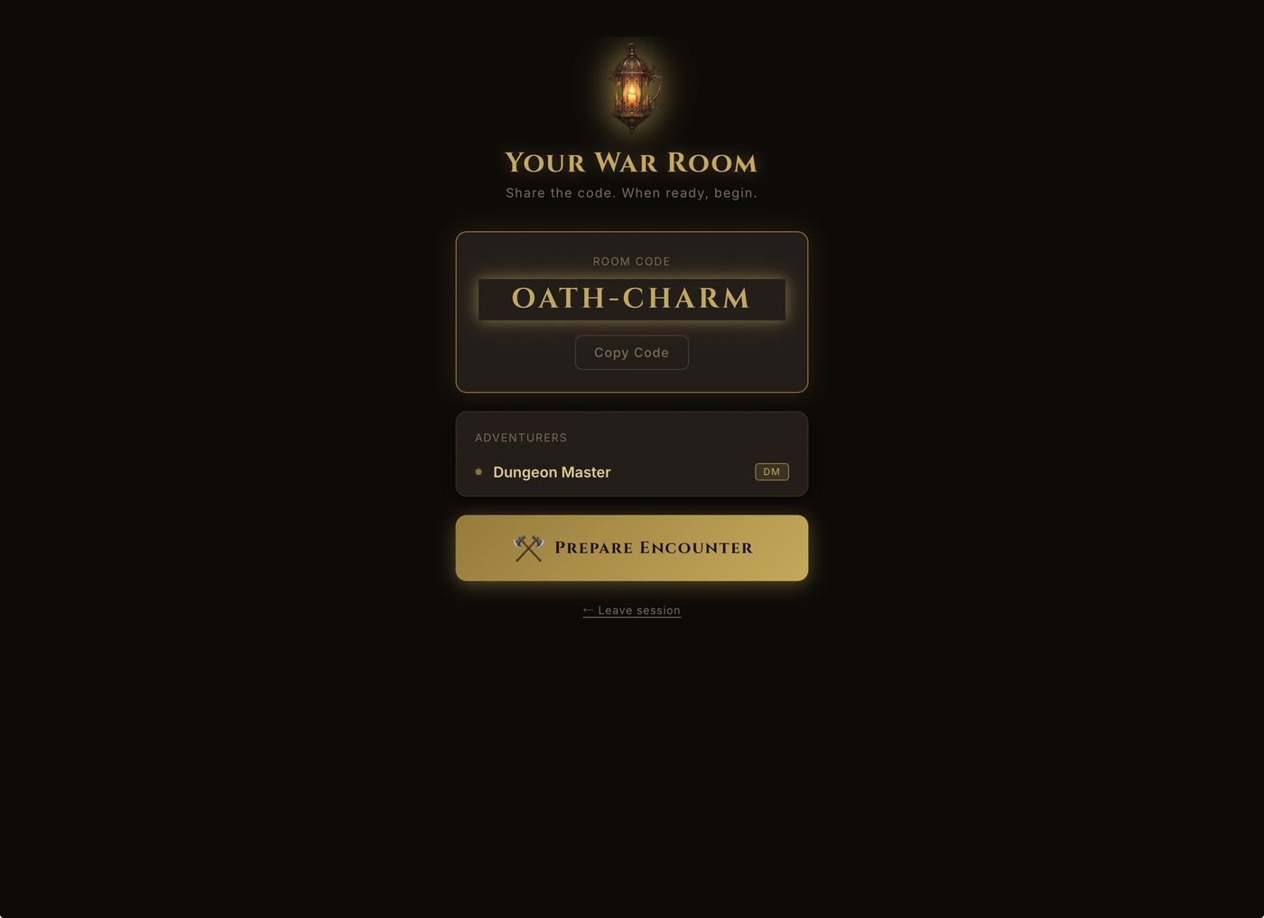 Torch & Turn war room on iPad, showing the room code OATH-CHARM and the adventurers list