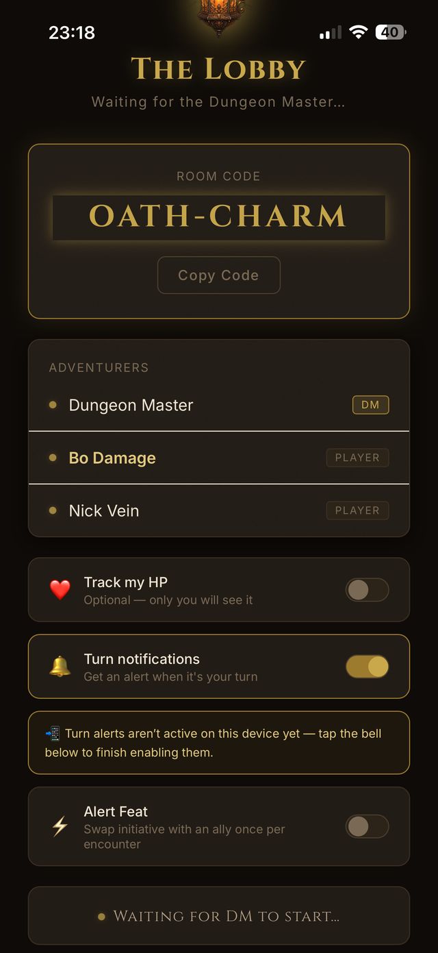 Torch & Turn lobby on a phone with the room code and adventurers list