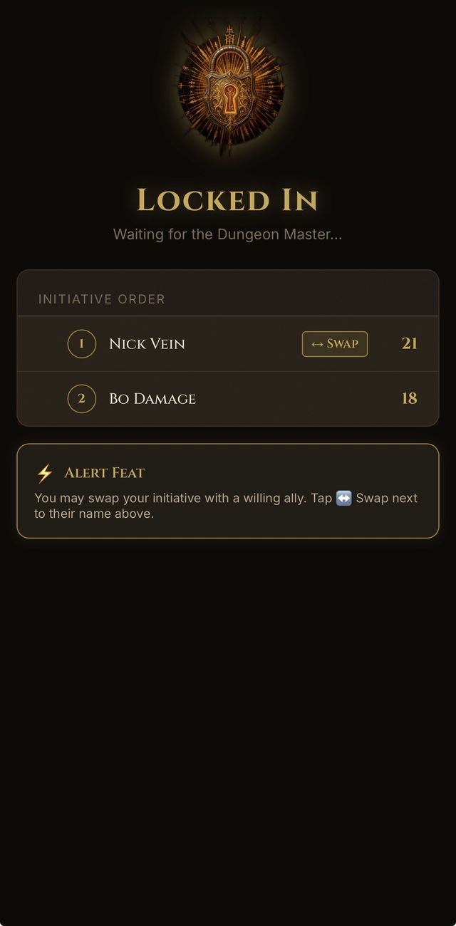 Torch & Turn on a phone showing the locked-in initiative order